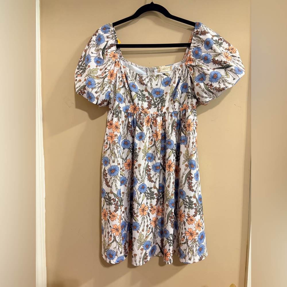 Alter’d State Floral Puff Sleeve Babydoll Dress Blue & Peach Flowers Medium